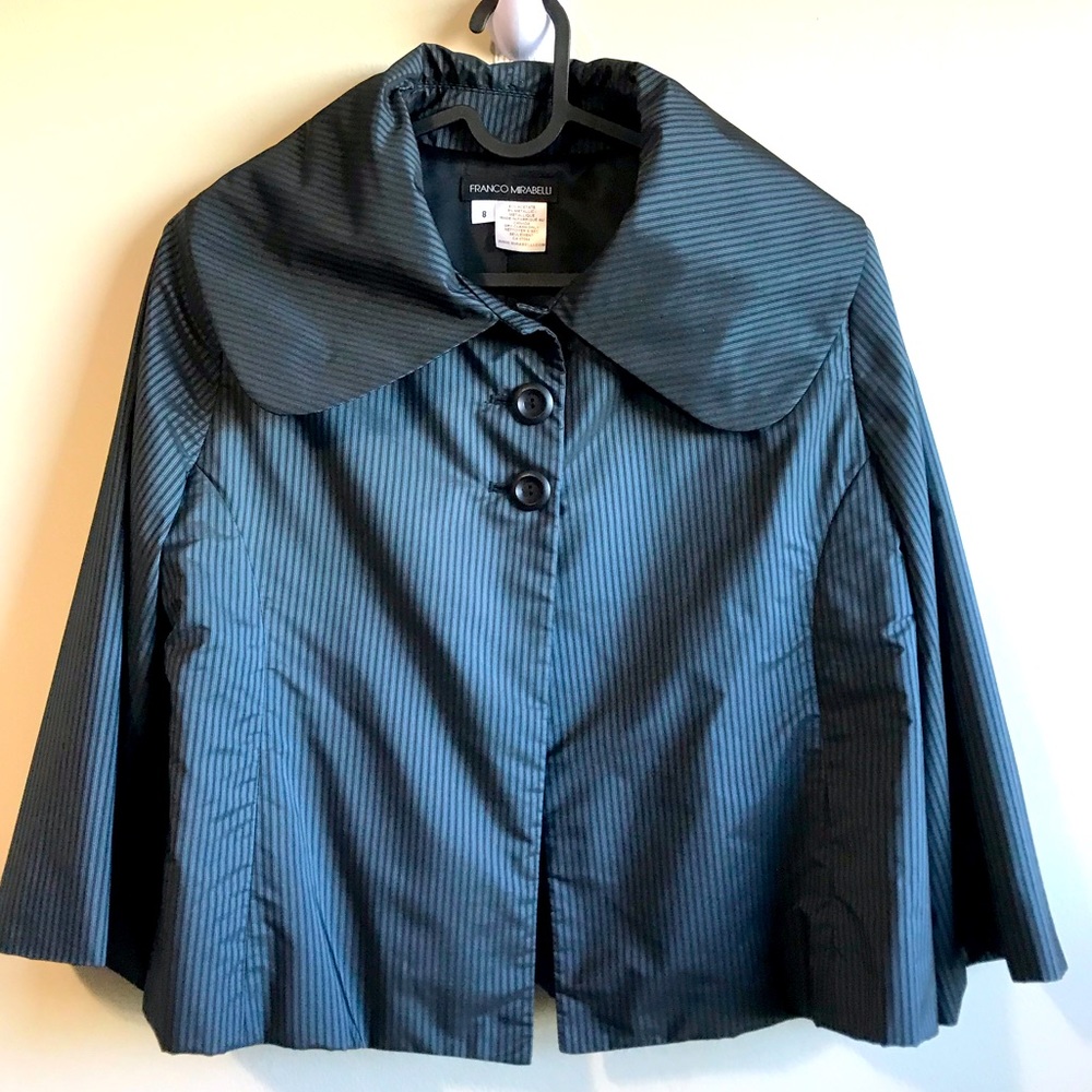 Franco Mirabelli pen stripe navy black metallic cape blazer coat size 8
